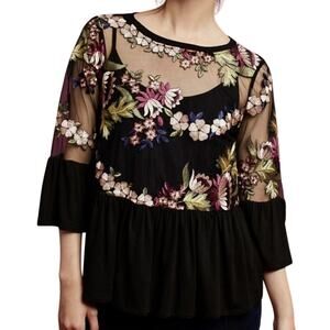 Eri + Ali Anthropologie Black Pink Floral Embroidered Half Sleeve Peplum Top L